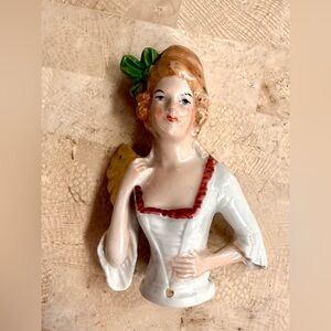 Antique Victorian Half Doll‎ Pin Cushion Germany Porcelain Woman with Fan 1900s